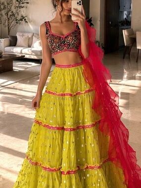 Neon Yellow & Pink mirror embroidered 3-piece Lehenga, ruffle dupatta set XS